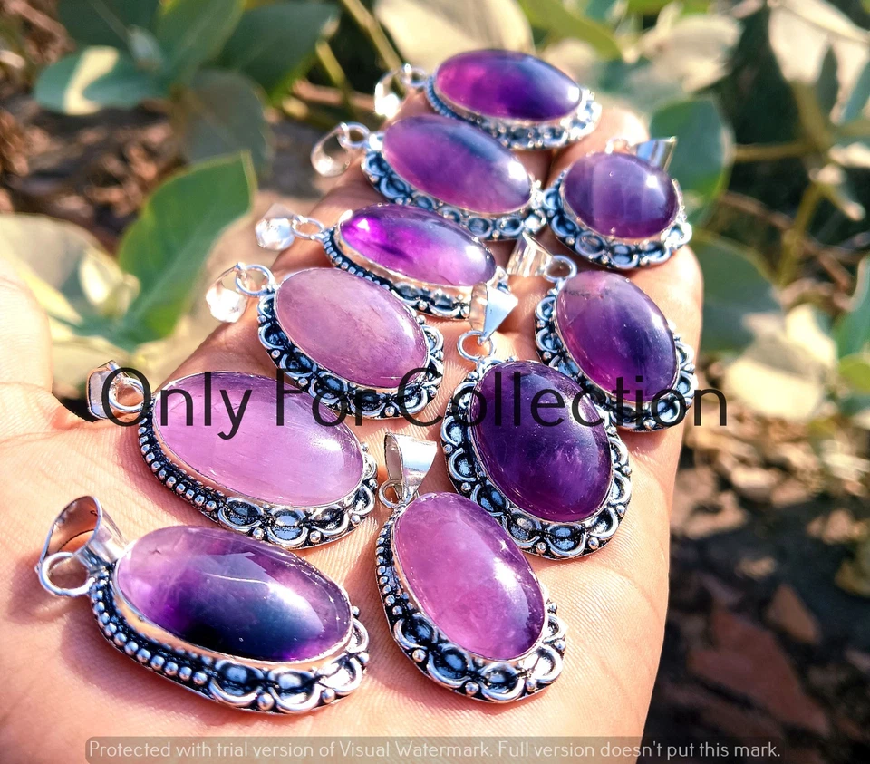 925 Sterling Silver Plated Purple Amethyst Gemstone Pendant Lot Unique Jewelry - Image 2 of 2