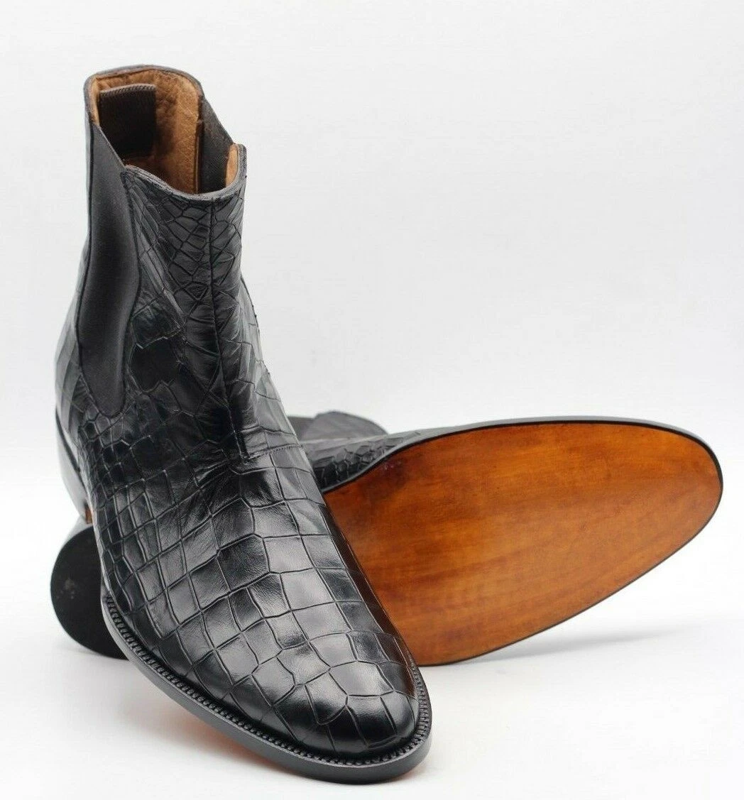 Handmade Mens Genuine Black Calf Leather Crocodile Print Casual Chelsea Boots.