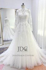 Muslim lace corset wedding dress wedding dress long sleeve buttons custom made ivory White