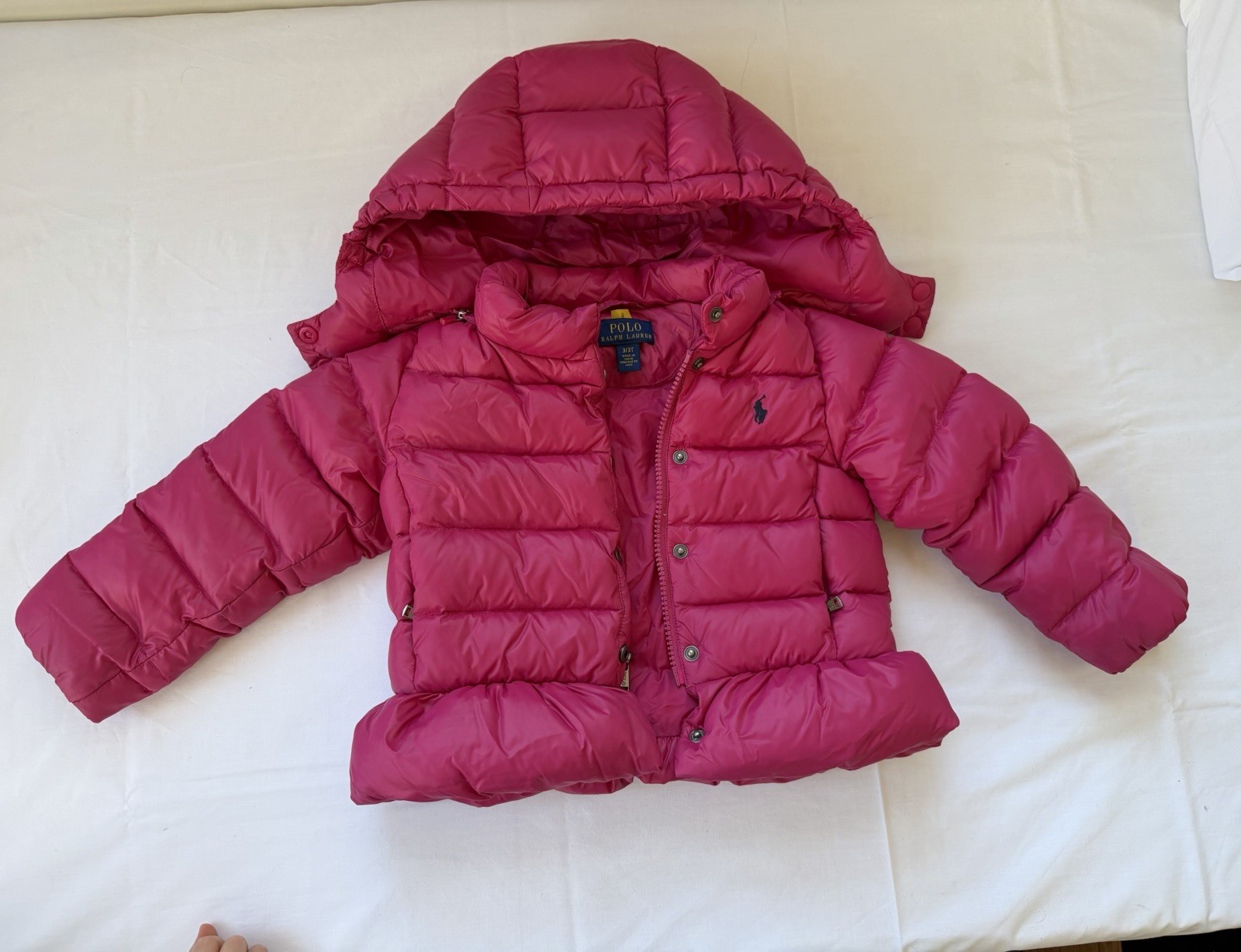 Ralph Lauren Jacket Girls Medium Pink Down Puffer Hooded Ruffle Hem Coat 3Y