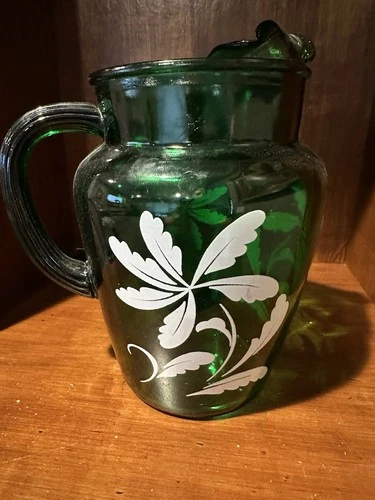 Vtg Anchor Hocking Forest Green Glass Pitcher MCM 86 Oz Ice Lip Leaves 8.5”