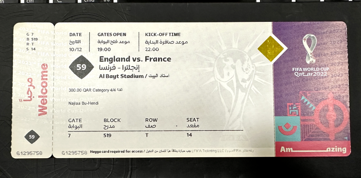Billet FIFA Coupe Du Monde 2022 – Angleterre Vs France – Match 59 #R3 – Original Occasion
