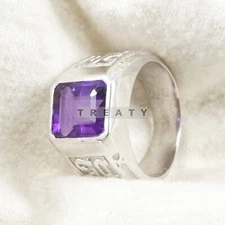 Amethyst Emerald Cut Gemstone With 925 Sterling Silver Ring For Men's #B719
