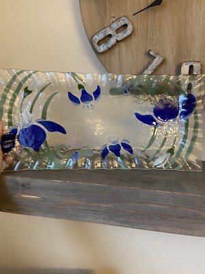 Sydenstricker Iris Fused Art Glass Rectangular Ruffled Edge Platter Tray 16 x7 