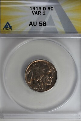 1913-D .05 ANACS AU 58 VAR 1 Buffalo Nickel, Indian Nickel, 5 Cent