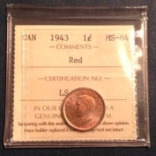 1943 Canada George VI One Cent ICCS Graded RED Uncirculated cd