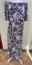 Ellen Weaver Black White Floral Off The Shoulder Maxi Dress Tropical Resort Boho