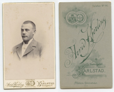 CDV PORTRAIT BY KJERLING MAN W/ BLOND MUSTACHE, KARLSTAD, SWEEDEN, GRAPHIC BACK