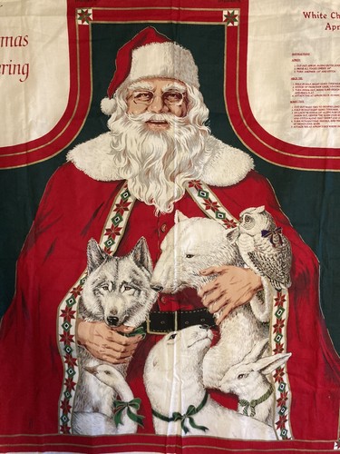 Vtg Christmas Apron Fabric Panel Old World Santa Craft Cut & Sew DIY Animals - Picture 2 of 10