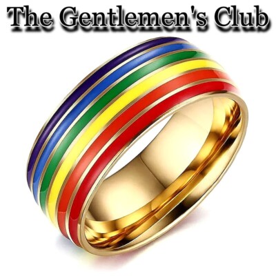 651 SOLD THE GENTLEMEN'S CLUB, 8.0 MM STAINLESS STEEL RAINBOW RING FOR MEN 10-12