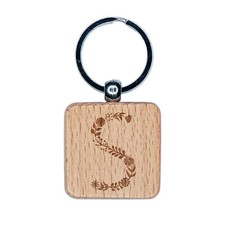 Elegant Botanical Floral Letter S Engraved Wood Square Keychain Tag Charm