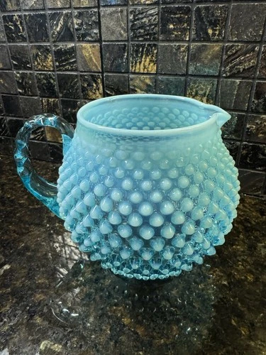 Vintage Fenton Blue Opalescent Glass Hobnail Squat Jug Pitcher 6.5”