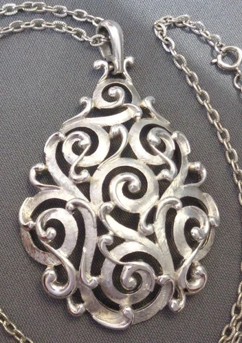 Vintage Trifari Pendant Necklace Silver Tone Scroll Large 3" Teardrop 24" Chain
