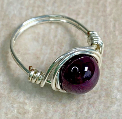 Handmade Wire Wrapped Ring Hypoallergenic Wire with Dark Purple Round Cabochon