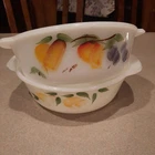 Vtg Fire King Gay Fad Peach & Grape Milk  Glass Casserole Handpainted Lot of 2