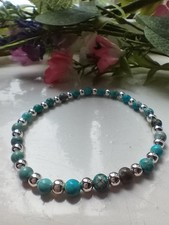 Silver Plated And Turquoise Beaded Stretch Stacking Bracelet