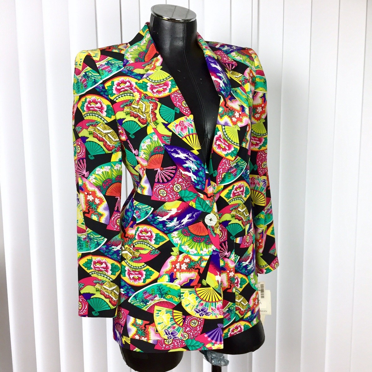 Vtg Dana Buchman Womens Chinese Asian Floral Fan Pagoda Silk 