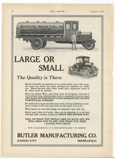 1921 Butler Mfg. Co. Ad: Benzoline Motor Fuel Co. Gasoline Tanker Truck Pictured