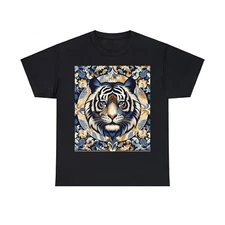 Unisex Adult T Shirt Bengal Tiger Damask Blue Gold Pattern Nature Big Cat Tee