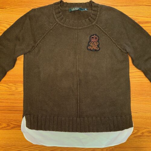 Lauren Ralph Lauren Bullion Crest Crown Patch Logo Layered Twofer Sweater Small - Picture 3 of 6