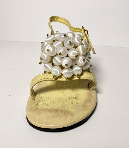 Vintage 1960s 1970s Vagabonds Pearl Beaded Satin Ball Sandal Heel Shoes Yellow 7 - Picture 9 of 22