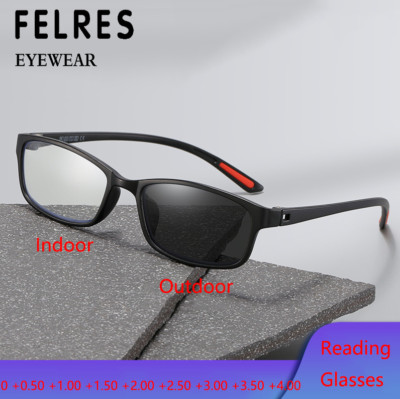 Men TR90 Square Photochromic Rectangle Reading Glasses Outdoor Sunglasses New