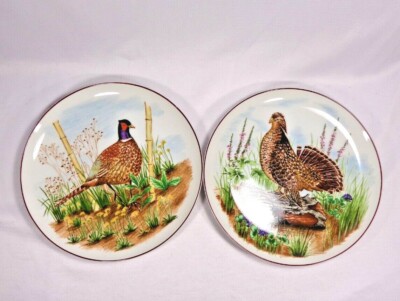 Two Sigma Gamebirds plates by Nancy Carter, ring-necked pheasant, ruffed grouse