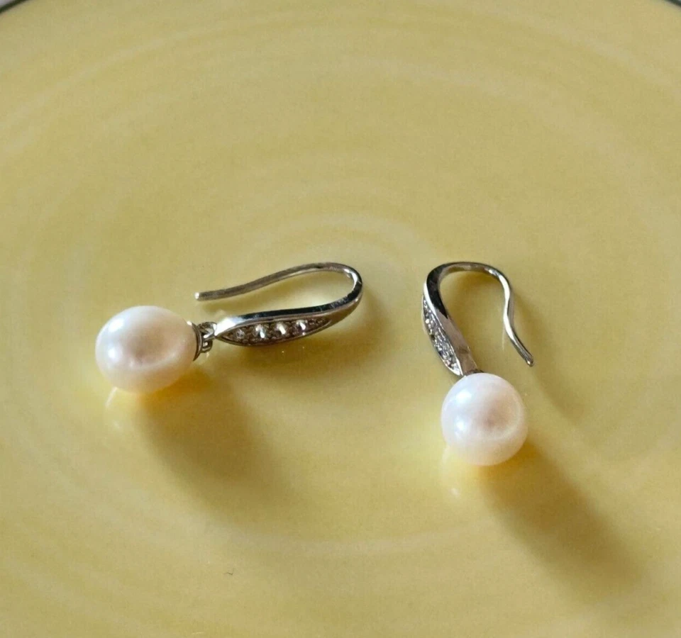 Pendientes colgantes/gotas de gancho de perlas blancas ovaladas 4A de plata de ley 925 maciza de 1"" Foto 3 de 4