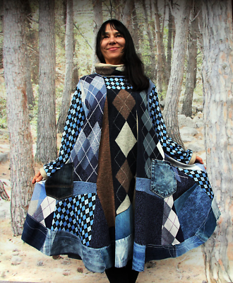 Comfy Long Tunic Dress Squares Sweaters Patchwork Denim Hippie Boho  Lagenlook | eBay