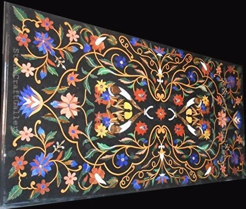 48" x 24" Black Marble Dining Center Table Top Pietra Dura Inlay Work - Image 2 of 2