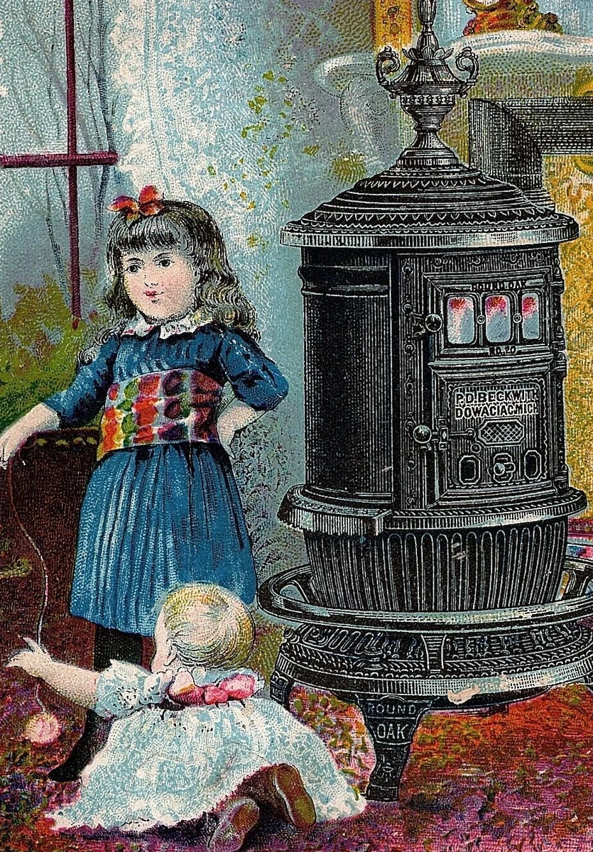 1880s Oak Round Trade Card Stoves Victorian Stove P D Beckwith Little Girl  u0026amp;Baby | eBay