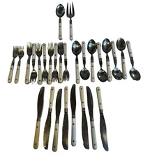 Vintage WF Washington Forge MARDI GRAS White Handle Stainless Flatware 28 Pieces