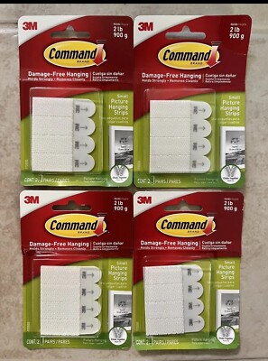4 packs Command Strips~ Small￼ Picture Hanging Holds 2 lbs White (8 pairs total)