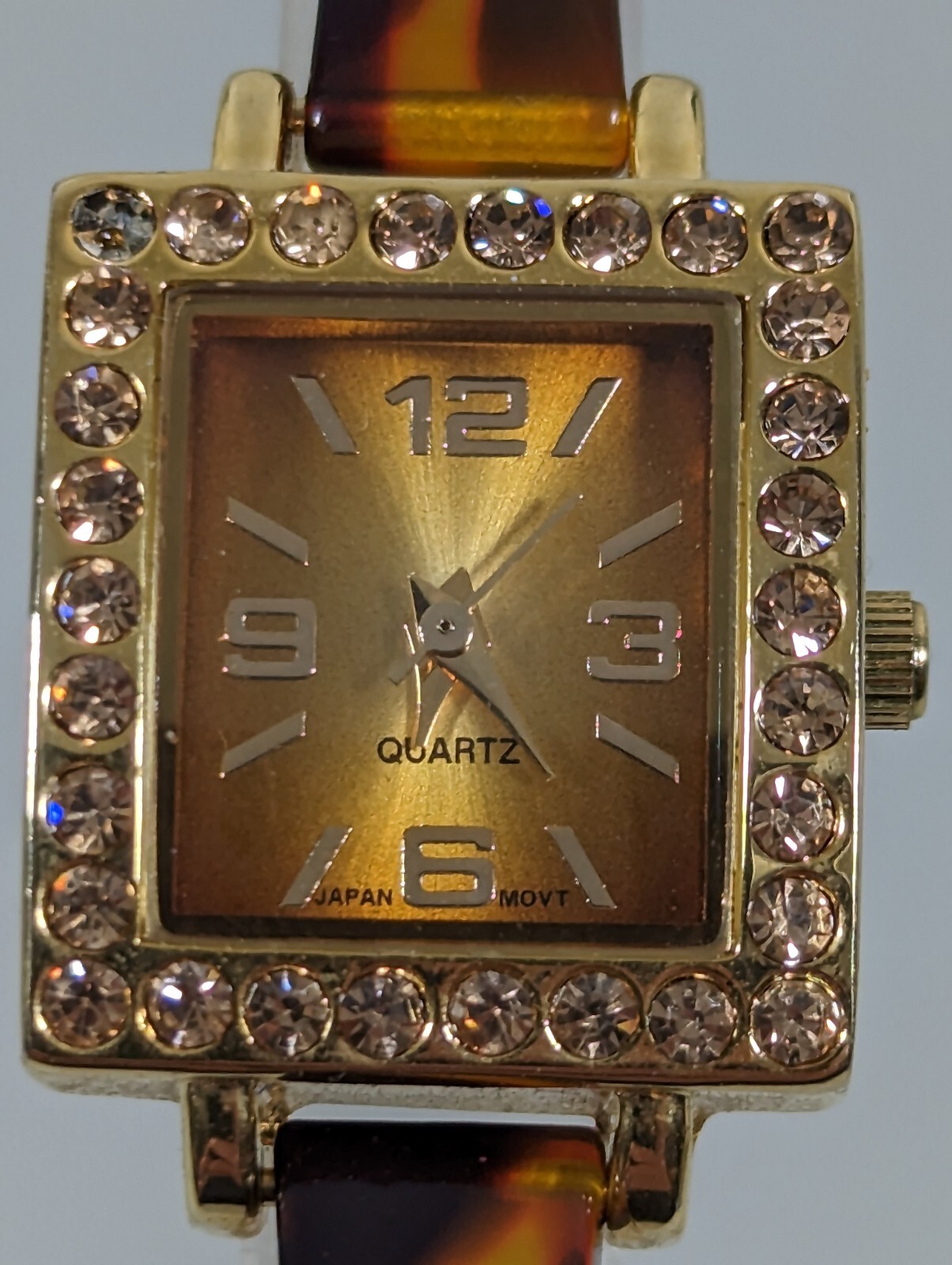 Brown Dial Crystal Accent Gold Tone Square Case Faux Tortoise Shell ...