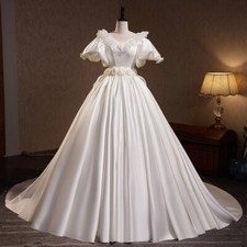 Vintage Satin Ball Wedding Dresses V-Neck Short Sleeves 3D Flower A-line Gowns