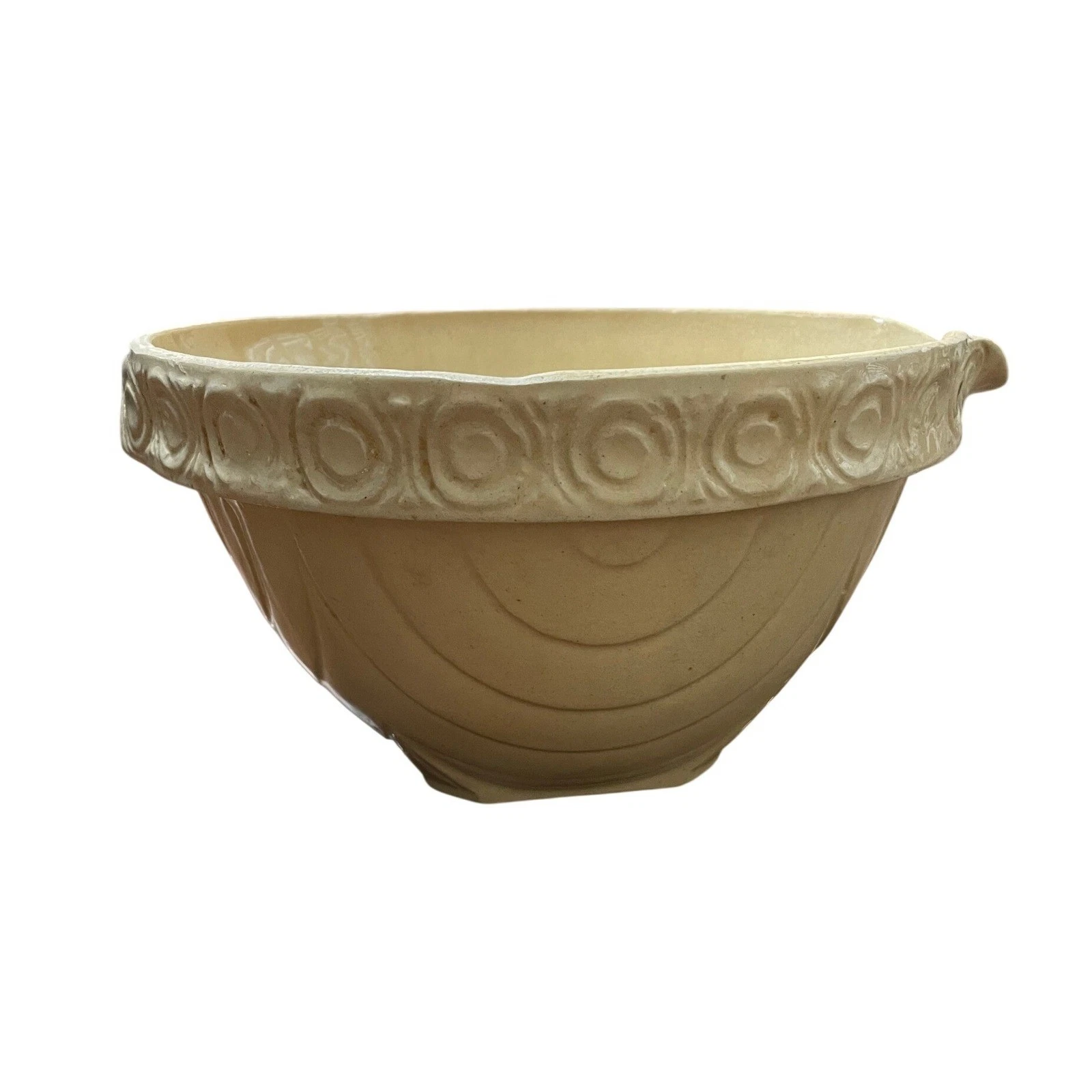 Vintage Yellowware Mixing Bowl with Pour Spout Greek Key Embossed Rim 8.5 Inch