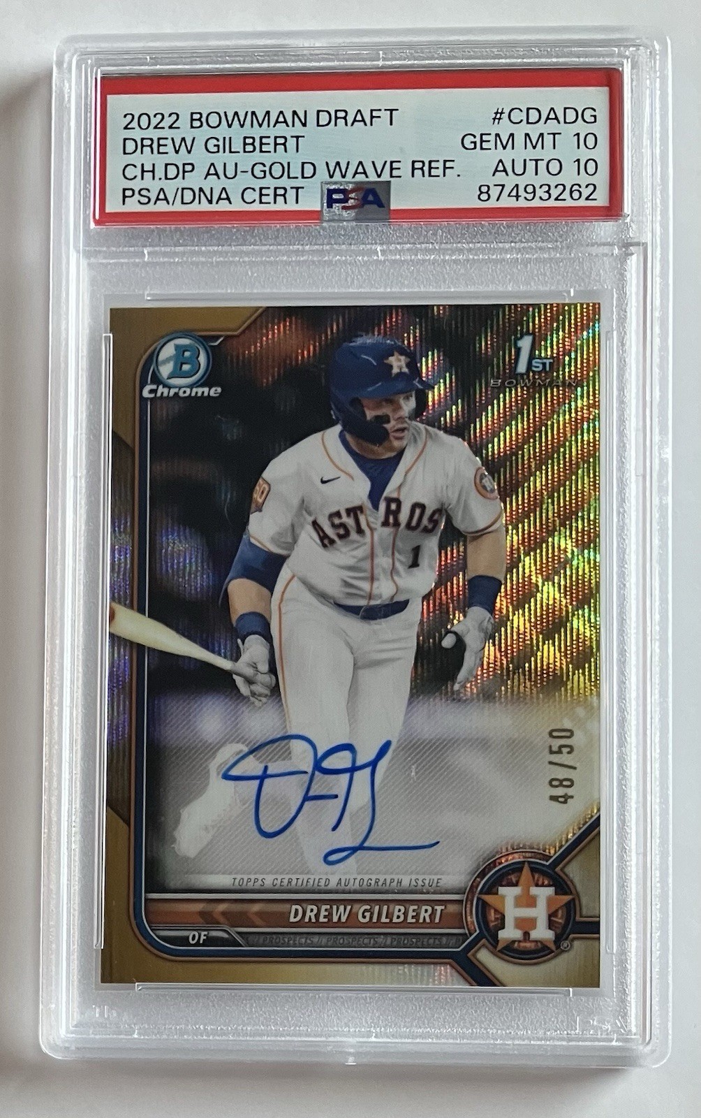 2022 Bowman Chrome 1st Drew Gilbert Gold Wave Refractor Auto /50 #CDA-DG PSA 10