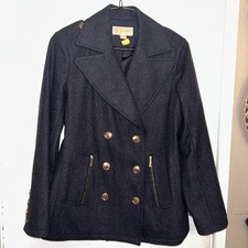 Michael Kors Womens Peacoat Coat Charcoal Gray Wool Blend Gold Buttons Size 12