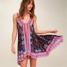 Free People Intimately XS Boho Printed Mini Dress Flowy Babydoll Gypsy