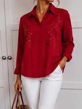 Red Bon Marche Blouse Embroidered Shirt Long Sleeve Size 16 Vintage
