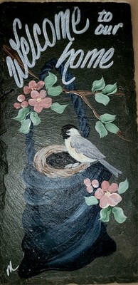 Vintage Hand Painted Slate Wall Hanging WELCOME TO OUR HOME Bird Nest Flowers