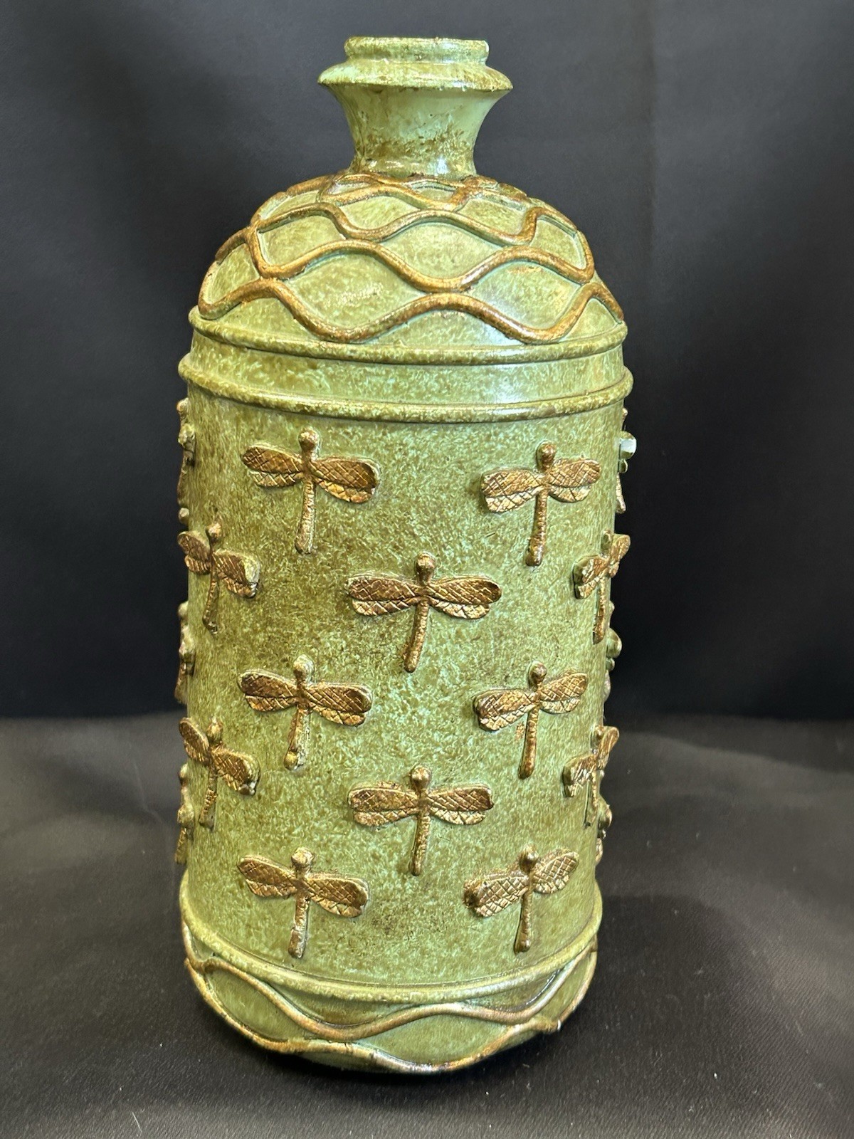 Vase Dragonfly Design Green & Gold Art Pottery