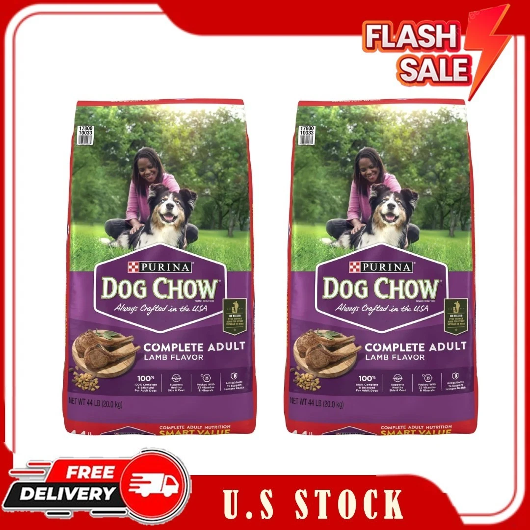2 Pack Purina Dog Chow Complete Adult Dry Dog Food, High Protein Lamb, 44 lb Bag