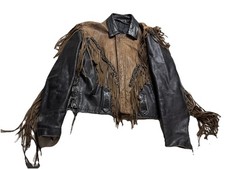 Vintage First Genuine Leather Fringe Jacket Black Brown Western Biker Style Sz L