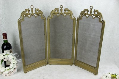 Antique French Brass Metal Dragon Gothic Fireplace Screen Foldable