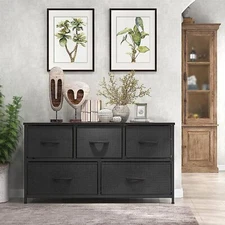 5 Drawers Black Dresser for Bedroom Wood Top Organizer Fabric Storage Drawers