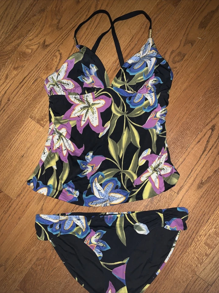 TROPICAL ESCAPE Hawaiian Hibiscus On Black Tankini Biking Bathing Suit ❤️tb1000b - Image 2 of 4