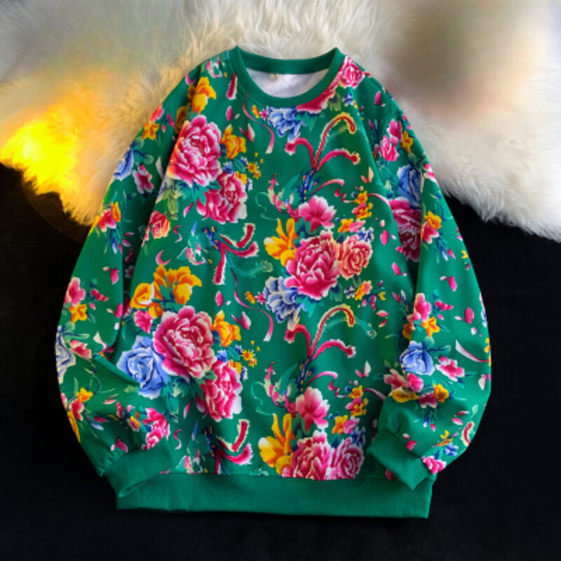 Men Flower Sweatshirt Pullover Top Floral Casual Crew Neck Loose