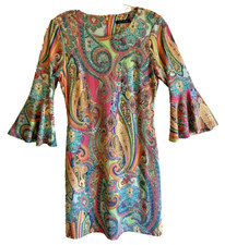 TOMMY HILFIGER MULITI COLOR PAISLEY PARTY DRESS BELL SLEEVE WOMEN SIZE 4 PETITE