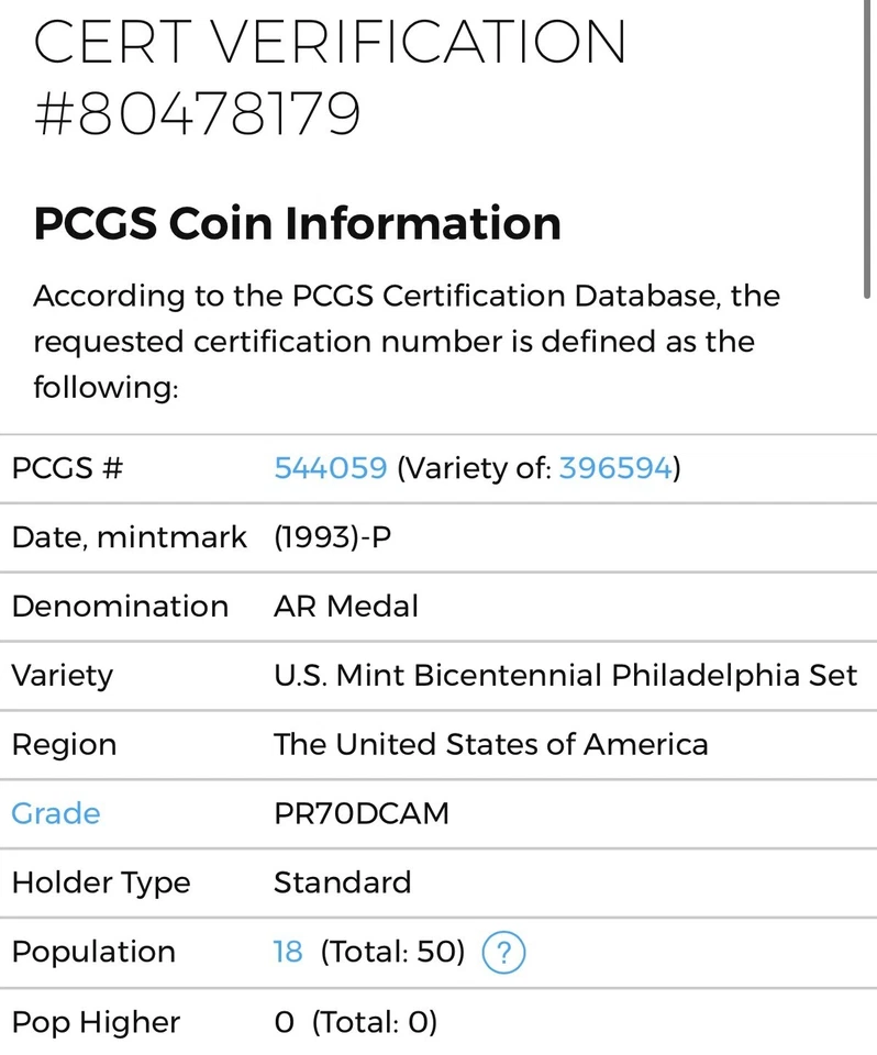 1993 P PROOF BICENTENNIAL SILVER MEDAL PCGS PR70 FROM PHILADELPHIA SET POP 18! - Image 3 of 3